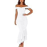 GOBLES Women's Sexy Off The Shoulder Slim Fitting Ruffle Buttom Ruched Bodycon Midi Party Dress