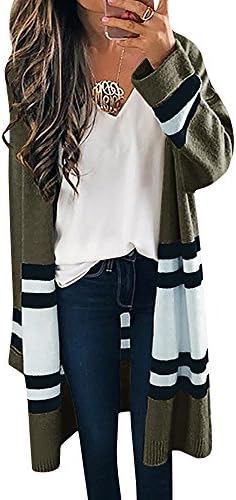 SUNMMWERY Womens Long Cardigans Yellow Color Block Open Front Long Sleeve Kint Cardigan Sweaters By (Small, Green)