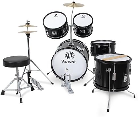 Novah 5-Piece Junior Drum Set Complete with Cymbals, Throne and Stool, Black