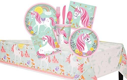 Magical Unicorn Birthday Party Supplies Pack for 16 Guests - Bundle Includes Dinner Plates, Dessert Plates, Lunch Napkins, Beverage Napkins, Cups, Cutlery and a Tablecover