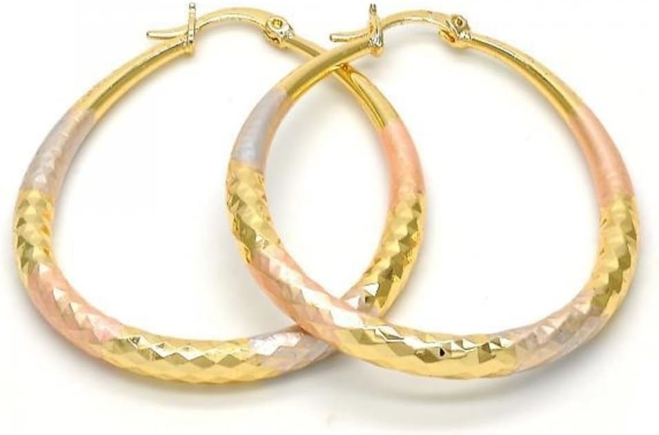 Yellow Rose and White Gold-Tone Ladies Oval Hollow Design and Diamond-Cut Design Small Medium Hoop Earrings Tri-Color 37mm/57mm