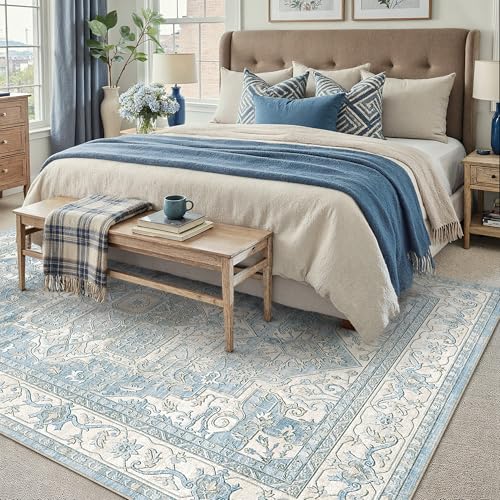 PureCozy Vintage Azul Alfombra Salon 160x230cm Habitacion Antideslizante Lavables en Lavadora Carpets Alfombras Tapete Sala Comedor Dormitorio Cocina Carpet Pelo Corto Rug Grande Rugs