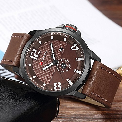 Reloj para hombre, relojes superior marca cuarzo cuero genuino marrón banda curren reloj black8253 - Imagen 5