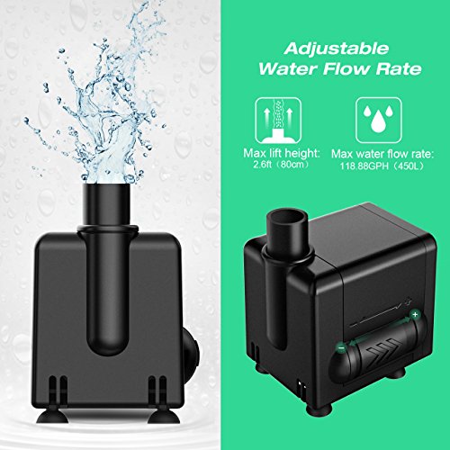 image for Homasy 120 GPH(450L/H) Submersible Water Pump 6.5W Fountain Detachable