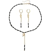 NLMSKI Black Beaded Heart Y Lariat Choker Necklace Earrings Set for Women Triangle Pendant Geometric Gold Tone Dainty Adjustable Layering Fashion Jewelry