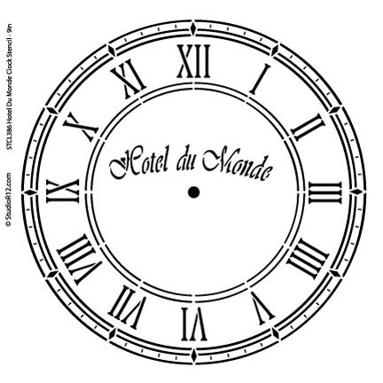 Hotel Du Monde Clock Stencil by StudioR12 | French Clock Face Art - Medium 9" x 9" Clock Design on 10" x 10" Template | Painting, Chalk, Mixed Media | Use for Crafting, DIY Home Decor - STCL386