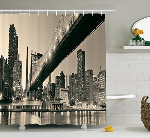 Ambesonne New York Shower Curtain, Queensboro Bridge NYC Night Sepia Artprints Urban City View Modern Life Theme, Cloth Fabric Bathroom Decor Set with Hooks, 69" W x 70" L, Grey Brown