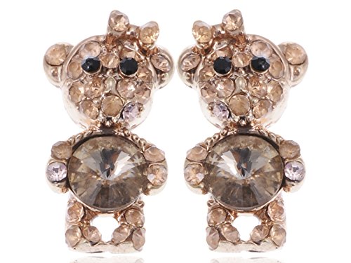 Alilang Brass Tone Princess Girly Teddy Bear Bow Crystal Rhinestone Element Earrings
