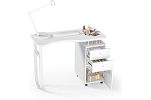 Charmmade White Nail Desk,Manicure Table,Beauty Salon Nail Desk, Acetone Resistant Nail Station with Wrist Cushion, Storage Drawers, and Cabinets, 4 Lockable Wheels,for Beauty, Salon, Spa Makeup