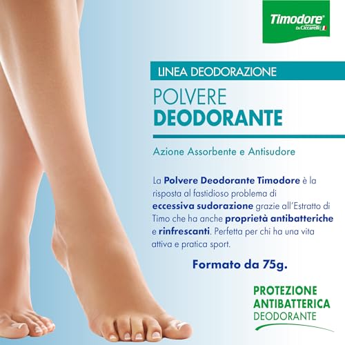 Timodore, Deodorant Powder, Absorbent and Anti-Sweat Action, Ideal Response to the Problem of Excessive Sweating, Antibacterial Protection, 100% Made in Italy, Dermatologically Tested, 75 g