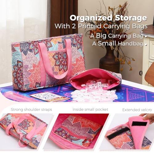 Kyerlish American Mahjong Tile Set with Printed Carrying Bag, 166 Premium Pink Tiles, 4 All-in-One Racks/Pushers and Accessories, Mahjong Set, Complete Mahjong Game Set for Travel,Gifts（Pink Flower）