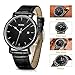 BUREI® Unisex Ultra-thin Elegant Date Quartz Watch with Black Calfskin Leather Band, Black Dial