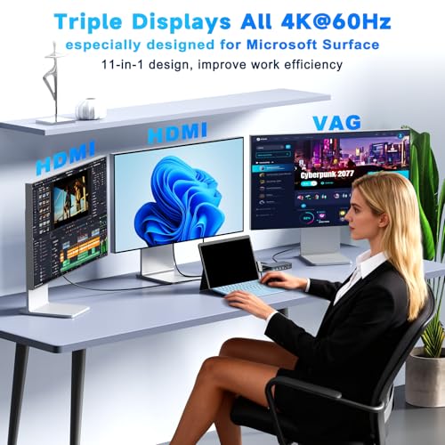 Surface Dock 11 in 1 MS Surface Pro Docking Station 4K@60Hz HDMI+VGA with Power Supply, Surface Dock Hub for Surface Pro 11/10/9/8/X/7/6/5/4/3, Laptop 6/5