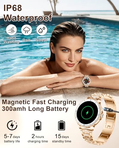 Women's Smart Watch with Calls, 1.27'' Smartwatch Woman with Diamond Strap, Compatible with Android/iOS, IP68 Waterproof Smart Watch Round with 120+ Sports SpO2 Sleep Pedometer, Rose Gold
