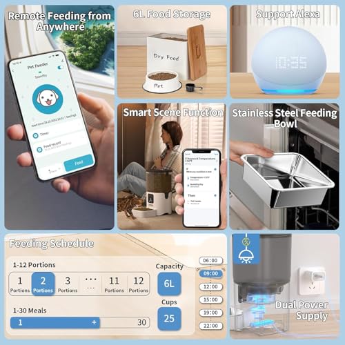 SKY-TOUCH Automatic Pet Feeder with WiFi App Remote Control, Remote Feeding, Detachable for Easy Clean, Automatic Cat Food Dispenser, 1-30 Meals Per Day (6L/25Cup)