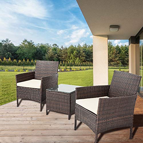 Patiomore 3 Pieces Outdoor Bistro Set Cushioned Furniture Set PE Wicker Patio Chairs with Coffee Table (Brown)