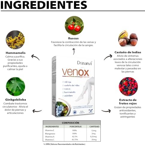 VENOX Ayuda a mejorar la Circulación, Hammamelis, Castaño de InDias y Ruscus, Alta Concentración de Polifenoles, Vid Roja, Arándanos y Grosellero Negro, Reforzado con Vitaminas ,45 cáps