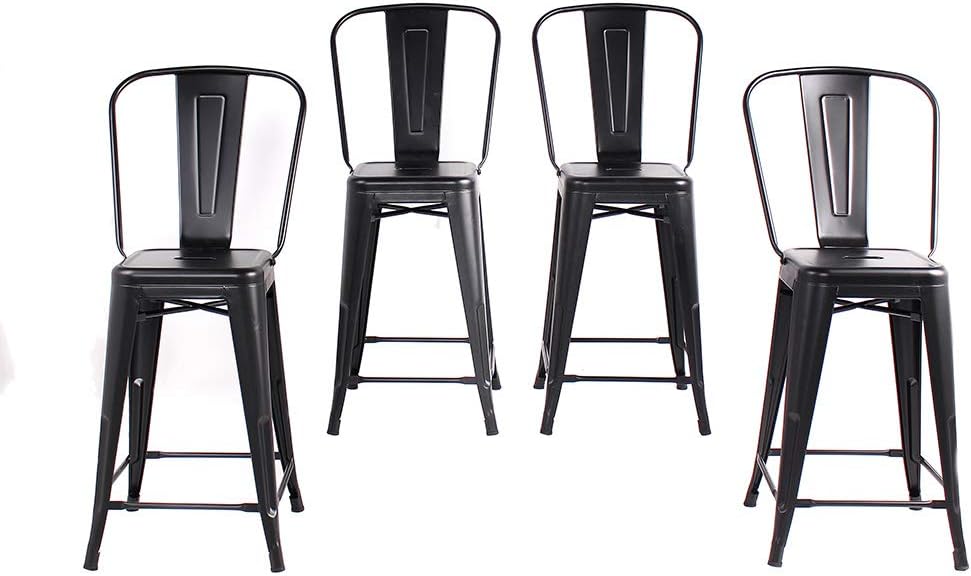 Set of 4 Matte Black 24 Inches Counter Height Metal Bar Stools with High Back