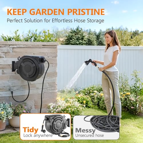 Wikiwiki Retractable Garden Hose Reel 1/2 in x 100 ft, Heavy Duty Wall Mounted Hose Reel with 10- Function Sprayer Nozzle, Any Length Lock/180°Swivel Bracket/Automatic Slow Return System/UV Resistant