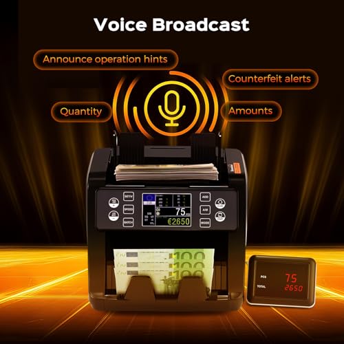 Bonvoisin Banknote Counter, Value Count for Mixed Euro Banknotes with UV/MG/IR/MT Counterfeit Detection, 1500 Pieces/Min, Professional Money Counter Machine with TFT and External Display