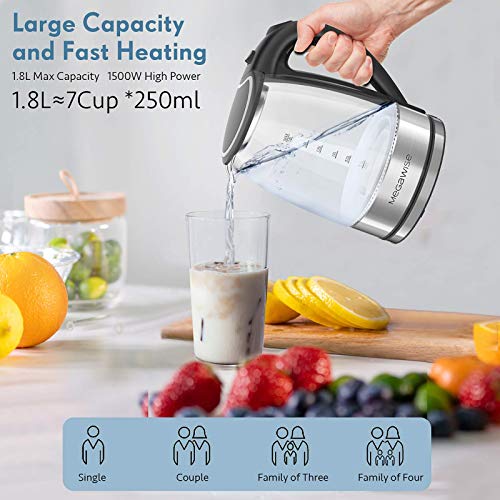 MegaWise 1500W Electric Kettle, 1.8L Borosilicate Glass Tea Kettle with