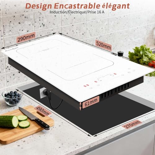 Cooksir White Induction Hob with 2 Burns, Built-in Induction Hob 30 cm with Plug, Flexible Zone, 3500 W, Touch Slider, Safety Lock, 230 V, 16 A
