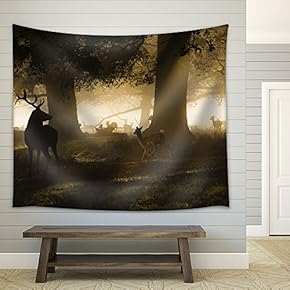 Male red Deer Looking a Group of Fallow Deer Running - Fabric Wall Tapestry Home Decor - 51x60 inches