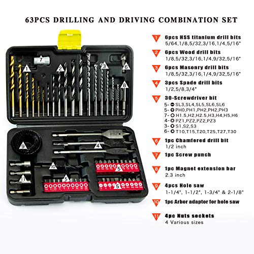 INTOO 63Pcs Drill and Drive Bit Set with Titanium Drill Bit for Metal Wood and Plastic in Storage Case