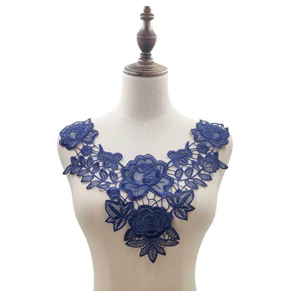 Wambere 1 Pack Embroidery Lace Trim Crochet Lace Patch, Navy Blue, 32cm x 32cm, Floral Flower Appliqué, Sewing