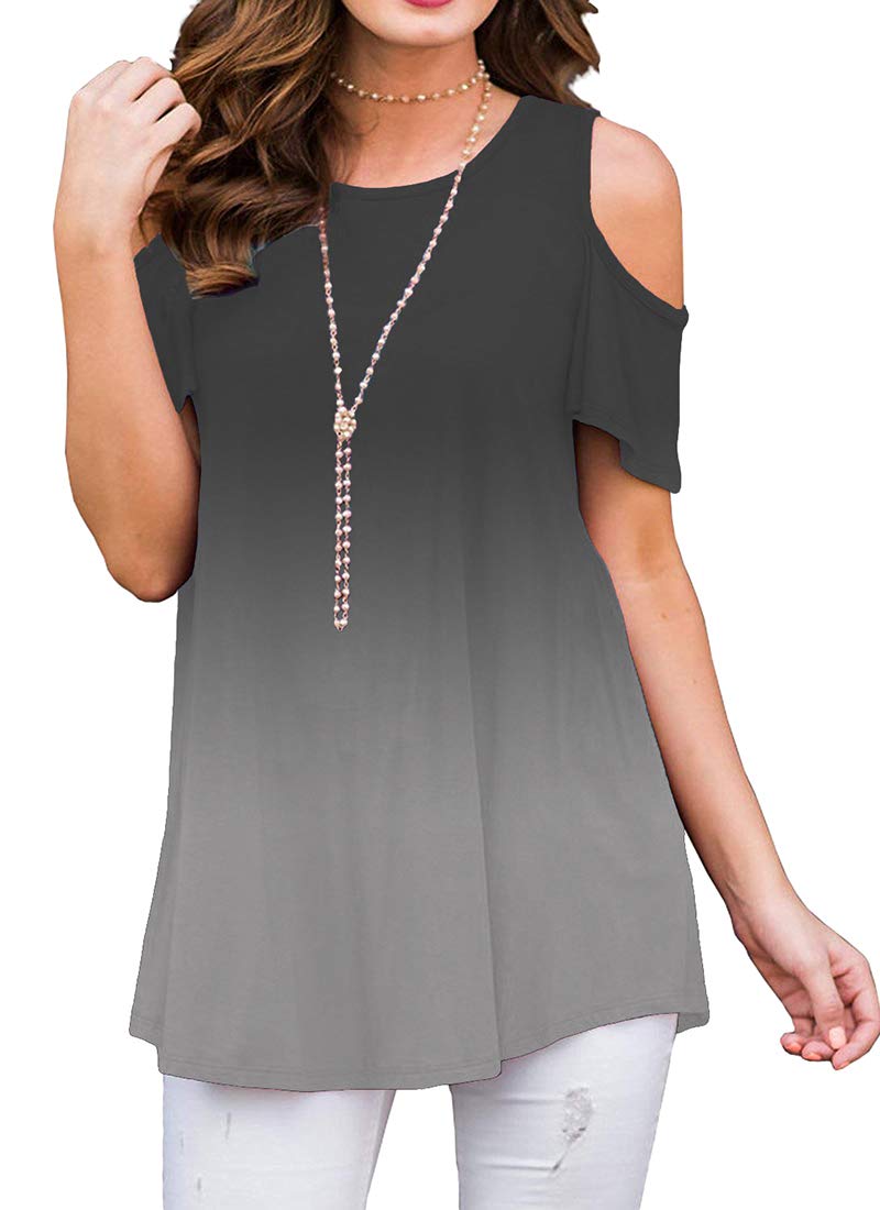 Womens Casual Loose Tunic Tops - O Neck Cold Shoulder Ruffle Dye Tunic Tops for Leggings Grey XL
