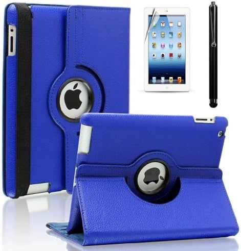 SAVEICON PU Leather Case Smart Cover with Stand For The New iPad 4 4th Generation with Retina Display, iPad 3 and iPad 2 with Sleep and Wake Function (With Screen Protector, SAVEICON LCD Screen Cloth and SAVEICON Stylus) (iPad 2/3/4 Rotating, Royal Blue)