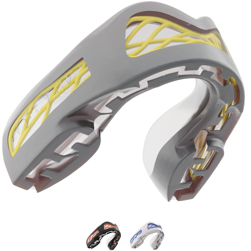 SAFEJAWZ Sports Mouth Guard, Triple Layer Premium Protection with Shock-Cage, Adults Gum Shield with Case for Boxing, MMA, Rugby, Martial Arts, Karate, Hockey, Judo and All Contact Sports (Grey)