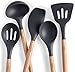 PortoFino 5 Pc. Kitchen Utensil Set/Premium Natural Beech Wood & Silicone/Home Cooking Utensils/Wooden Food Prep Tools/Soup Ladle, Slotted Spoon, Solid Spoon, Turner, Large Spatula