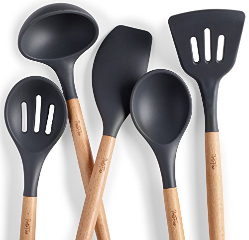 PortoFino 5 Pc. Kitchen Utensil Set / Premium Natural Beech Wood & Silicone / Home Cooking Utensils / Wooden Food Prep Tools / Soup Ladle, Slotted Spoon, Solid Spoon, Turner, Large Spatula