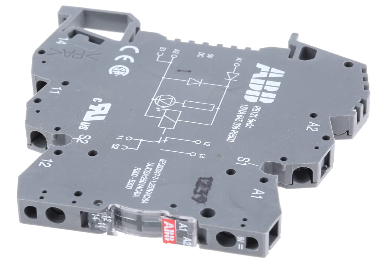 ABB RB121PG-5V DC Interface Relay R600 1c/o, A1-A2=5V DC, 5-250V AC/10mA-6A (ABB1SNA645036R2500)