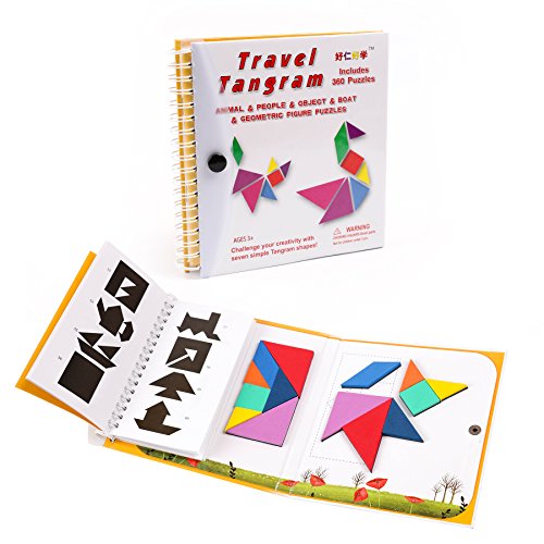 Tangram Travel Game Magnetic Puzzle Book Game Tangrams Jigsaw Shapes Dissection with Solution Questions Traveler Challenge IQ Educational Toy for 3-100 Years Old with 2 Set of Tangrams 360 Patterns