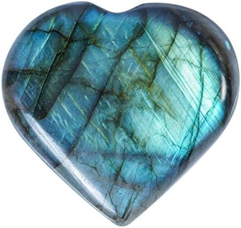 Indoor Fountains & Accessories - Crocon 50mm Labradorite Heart Stone Big Heart Shape Puff Stones Set 450+ Carats Pocket Crystal Healing Tumble Collection Palm Worry Stone Good Luck Charm Meditation Gift Craft Home Decor