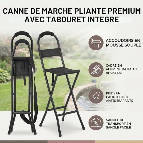 Walking Stick with Folding Seat - Portable Chair for Adults and Dual Use Stool for Men and Women