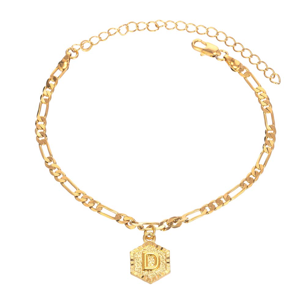 kelistom Gold Initial Anklet for Women Men, 18K Gold Plated Figaro Chain Link Ankle Bracelets for Women Foot Jewelry
