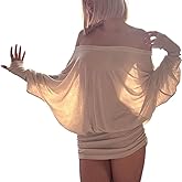 Chvity Women's Sexy Sheer Off The Shoulder Mini Dress Loose Fit Batwing Ruched Casual Party Club Night Out Dress