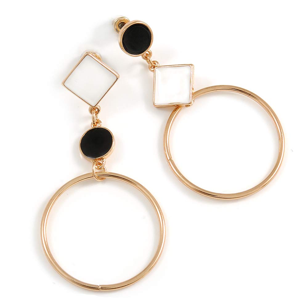 Black/White Enamel Assymetric Circle Drop Earrings/Gold Tone Metal/ 60mm Tall