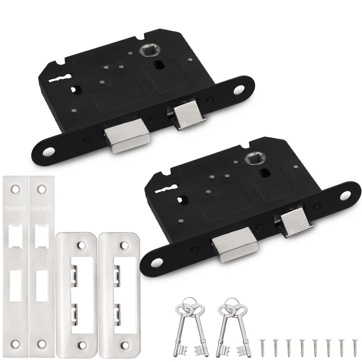 Bwintech 2 PCS 3 Lever Satin Nickel Mortice Sashlock 65mm (2.5 Inch), Door Lock with Key for Internal Doors, Reversible Catch