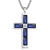 BAMIKI Birthstone Cross Necklace for Men, 316L Stainless Steel with Cubic Zirconia Cross Pendant Necklace for Women, 24Inch Chain Handmade Jewelry