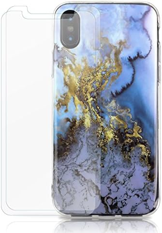 Apple iPhone X iPhone 10 Fully Protected [Bundle Case with 2 Tempered Glass] , Marbled Stone (Blue/Gold) by TortugaArmor Transparent Flexible Soft Rubber Gel TPU Protective Shell Hybrid Bumper Case