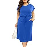 Pinup Fashion Women Plus Size Summer Dresses - Casual Work T Shirt Round Neck Midi Dress with Pockets