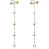 KECHO 14K Gold Freshwater Cultured Pearl Earrings Solid Gold Stud Chain Earrings Jewelry Gifts for Women