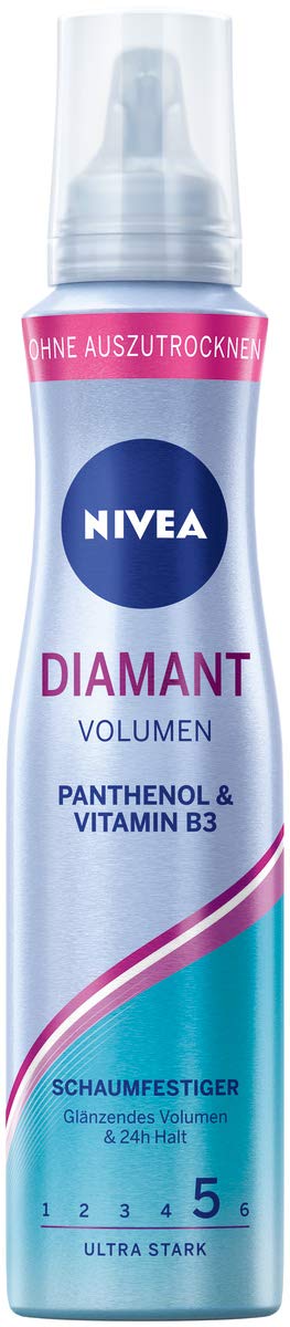NIVEA Diamond Volume Foam Strengthener, Nourishing Hair Mousse with Heat Protection, Panthenol & Vitamin B3, Hair Firming for Shiny Volume with 24-Hour Hold (Hold Level 5), Styling Mousse (150 ml)