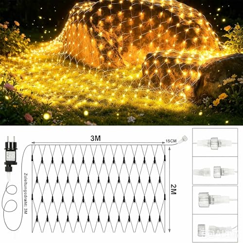 Joycome Outdoor Christmas Light Net 3 x 2 m 200 LED Net Lights with Plug, Timer, 8 Modes Christmas Tree Lights Waterproof Light Curtain for Balcony Garden Ceiling Terrace – Warm White