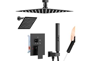 STARBATH Shower Faucet Set, 12" Rain Shower System with Handheld and Ceiling Mount 6" Rainfall Shower Head, Can Use 2 Modes Together for Two People, 3 Way Shower Valve with 5 Diverter Complete, Matte Black
