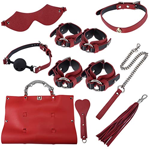 Kismet168 10PCS Women Couples Leather Handcuffs Set Toy with Bag-Adult Six-Toys for Coseplay Game Beginner (red, with Bag)
